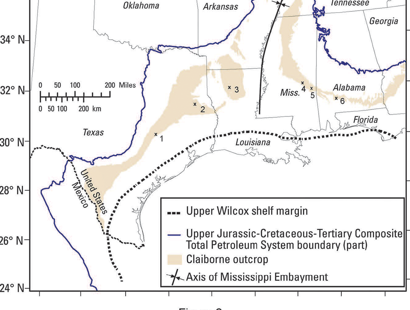 Gulf Coast geological map showing Wilcox margins